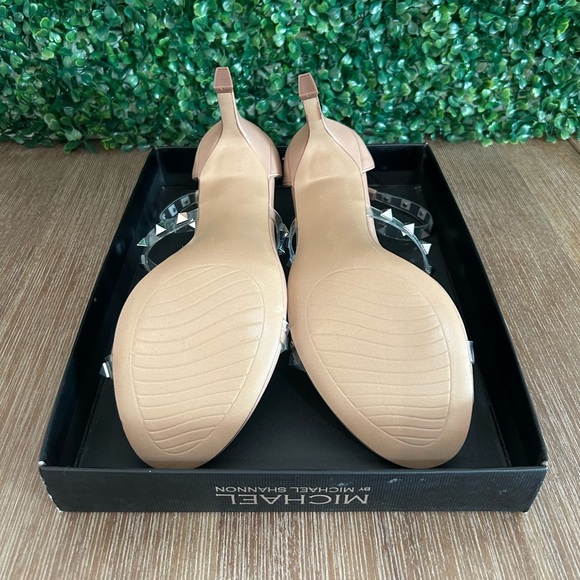 Michael Shannon Nude Studded Heels Size 9 Clear Strap Sandals Block Dressy NEW - Picture 12 of 14